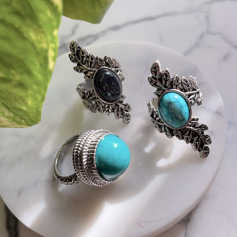 Turquoise & Black Stone Ring Bundle